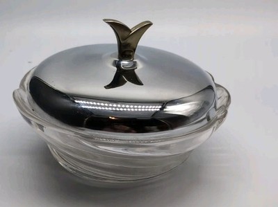Vintage MCM Kromex Ribbed Glass Chip & Dip Serving Bowl w/ Silverplated Lid