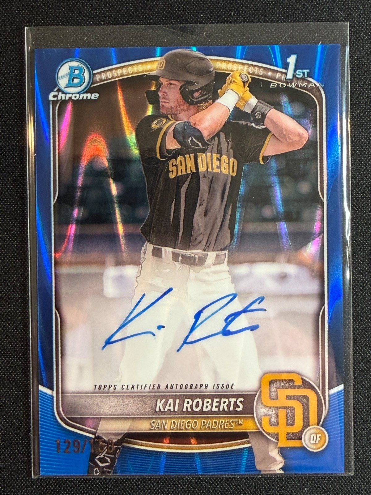 2025 Bowman Chrome 1st Kai Roberts Blue Raywave Auto /150 Padres