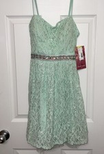 NWT Misses By Emerald Sundae Green Lace Empire Iridescent Rhinestone Dress Sz 3