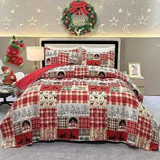 Christmas Quilt Set Red Xmas Tree Snowflake King Size Rustic Lodge Deer