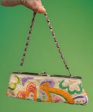 IN’S Kiss Lock Clutch Purse w/ Detachable Chain, Beads, Sequins & Embroidery NEW