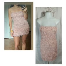NWT Forever 21 Pink Fringe Party Textured Mini Bodycon Dress Lined Sz L