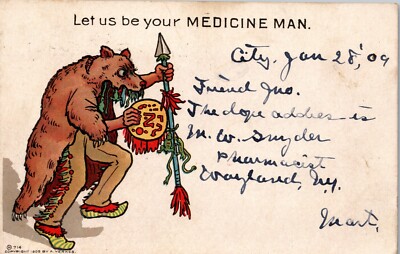 A. Yerkes Let us be Your Medicine Man Native American Indian Old Postcard 1900s 