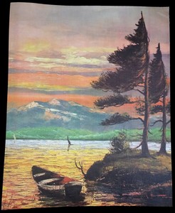 Gorgeous-ROWBOAT-Mountain-LAKE-Pine-TREES-CANVAS-8X10-LITHOGRAPH-MCM-Unframed