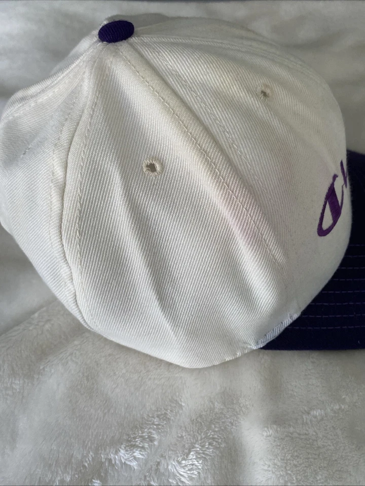 Boné vintage anos 90 CHAMPION SCRIPT SPELLOUT SNAPBACK BRANCO ROXO COSTURADO LOGOTIPO EUA - Imagem 3 de 4