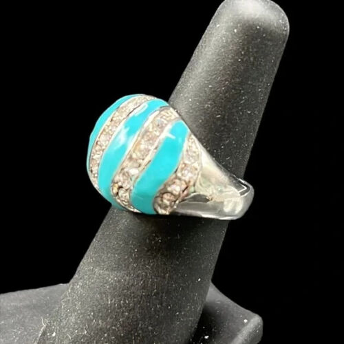 Bague dôme turquoise femme taille 7 pierres blanches CZ ton argent métal - Photo 3 sur 8