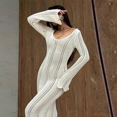 Elegant Knit Dress Women Slim V Neck Sexy Hollow Out Vestidos Female - Picture 13 of 25