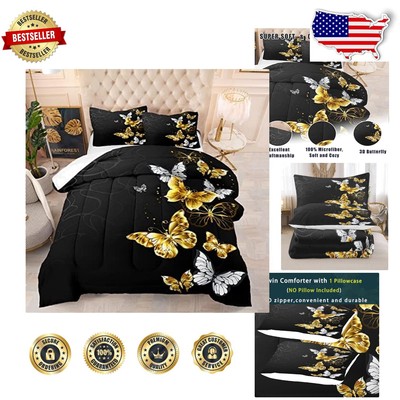 Microfiber Twin Bedding Set with Pillowcase - Elegant Black & Gold Butterflies