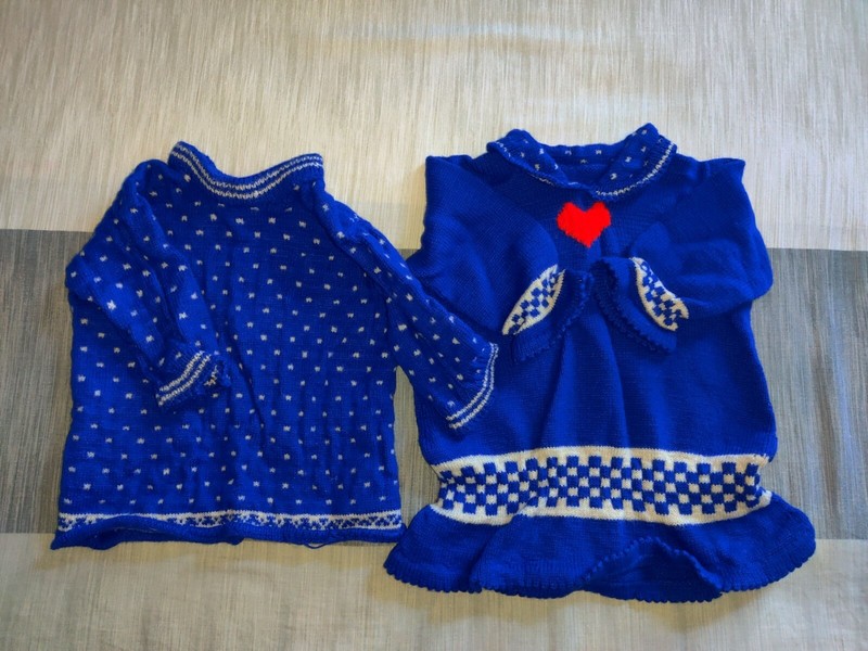 Toddler cozy Knit Crochet Handmade Babydoll Dress Sweater Set Warm Blue Navy