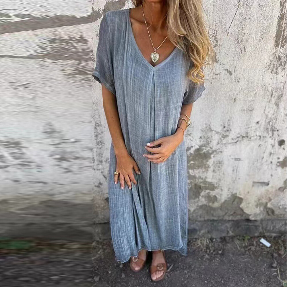 Robe D'été Baggy Pour Femmes Manches Courtes Coton Et Lin Col En V