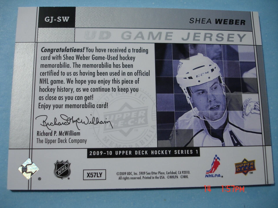 2009-10 Upper Deck "UD Game-Used Jersey" # GJ-SW Shea Weber Memorabilia!  - Image 2 of 2