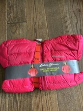 NWT Eddie Bauer Girls Reversible Light Down Hooded Jacket Pink M 10-12