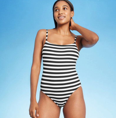 Women's Ribbed One Piece Swimsuit-Kona Sol-Black/White Stripe-Various Sizes-S242