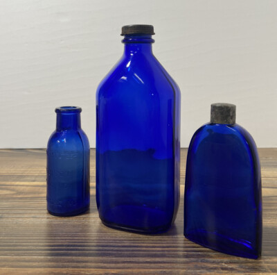 Vintage Cobalt Blue Glass Bottle Lot - Bourjois Phillips -Bromo-Seltzer Medicine