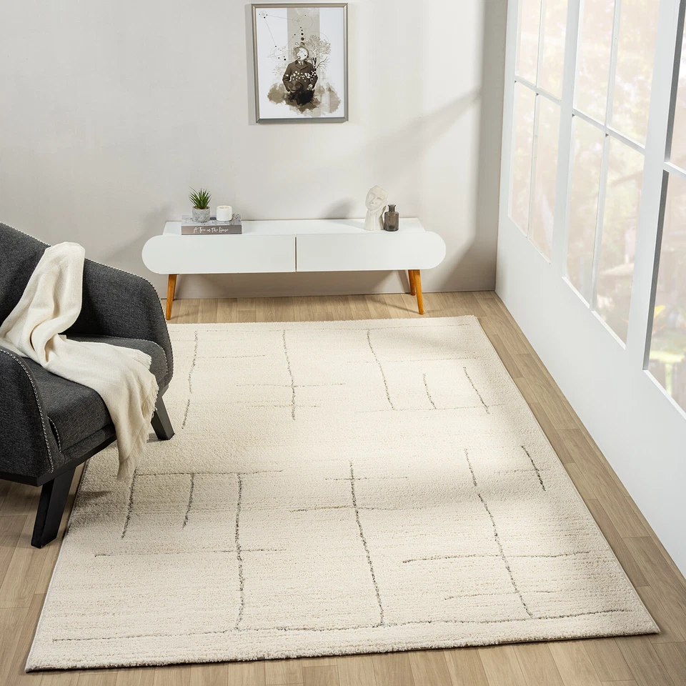 Kurzflor Teppich Skandinavisch Wohnzimmer Schlafzimmer Boho Optik Weich Streifen - Bild 1 von 1