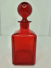 Vintage MCM Rainbow Glass Decanter In Ruby  9” W/ball stopper