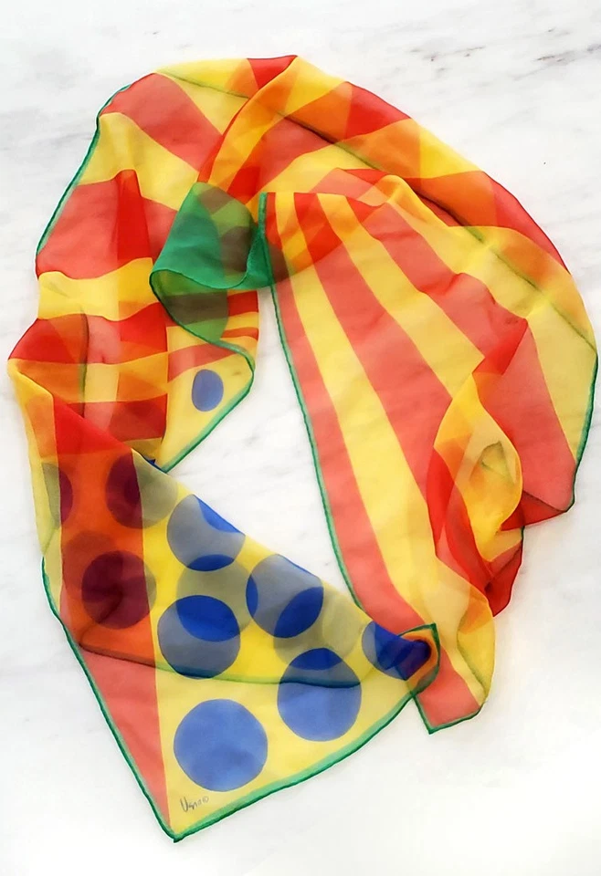 Vintage 1970s VERA Silk Scarf Multi-Colored Polka Dot Stripe Mod Op Art Groovy - Image 2 of 4