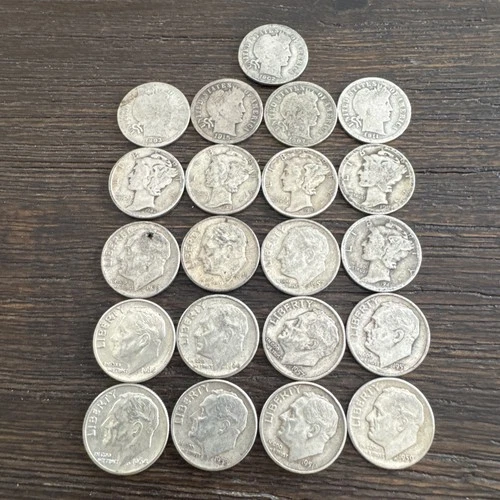 Lot of 21 Silver Dimes - 90% Silver Verified - 10 Barber, 11 Eisenhower - Lot B