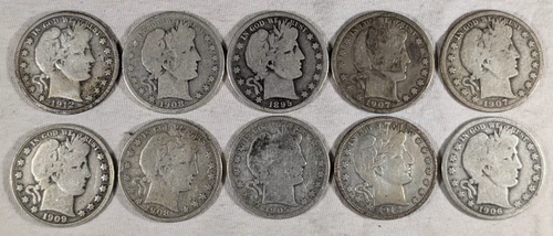 LOT OF 10 BARBER HALF DOLLAR COINS 90% SILVER $5 FACE VALUE #55