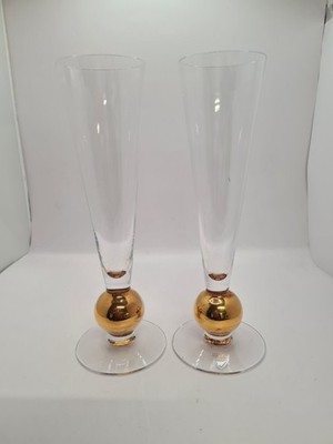 Orrefors Sweden Sektflötengläser Goldstiel 2er Set elegant