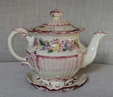Vintage Maruhon Ware Ceramic Teapot Rose Pink Glaze Floral Pattern Trivet Japan 