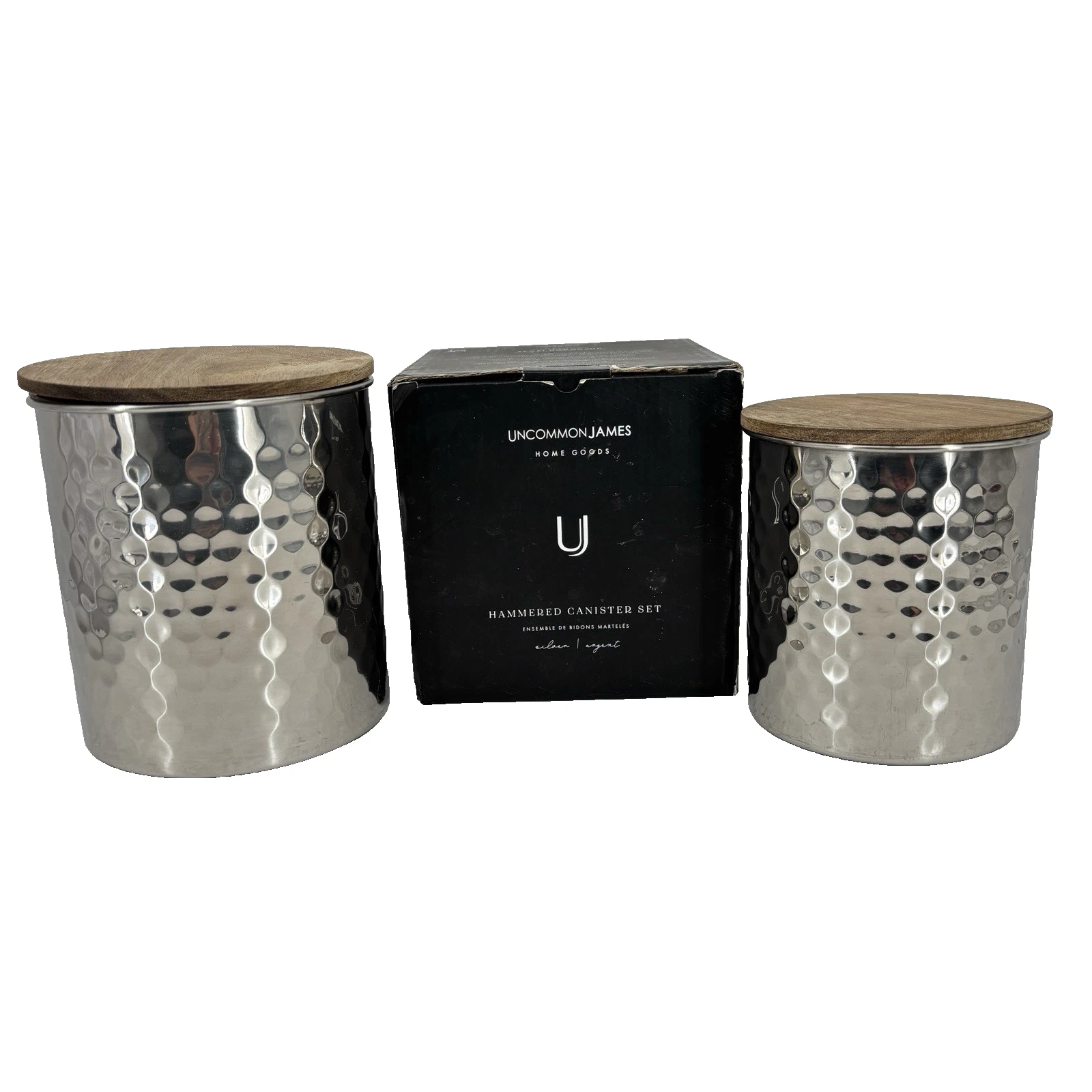 Uncommon James Hammered Canister Set 2 Silver Tone Kitchen Storage Wood Lids New