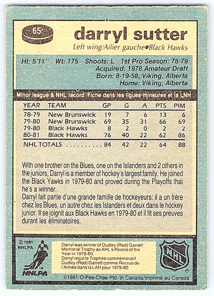 1981-82 O-Pee-Chee Darryl Sutter Rookie Chicago Blackhawks #65 - Image 2 of 2