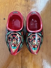 Vintage 6 Mini Red Wooden Holland/Dutch Clogs with Windmills Flowers