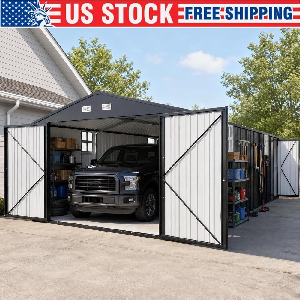 Metal Garage Shed 10x20 FT Car Port Metal Carport Enclosed w/ Steel Roof & Door