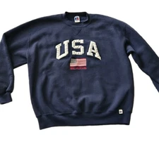 Vtg Russell Athletic USA Made Blue Sweatshirt Sz XL Embroidered Letters Flag