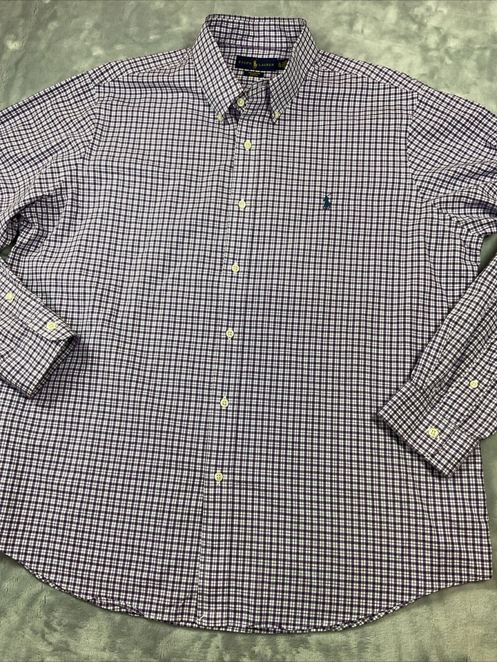 Ralph Lauren 衬衫男式 XL 蓝色紫色格子棉质纽扣连衣裙工作 — 第 4/4 张图片