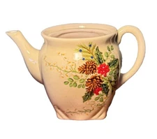 Harry and David Ceramic Teapot Holiday Pinecones and Holly Berries