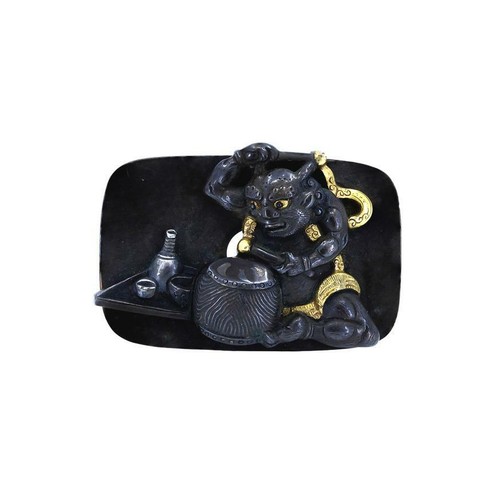Japanese Meiji Shakudo Brooch of a Raijin (demon drummer) - 第 1/3 張圖片