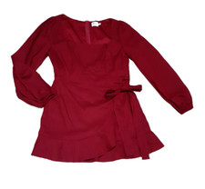 Princess Polly The Villa Mini Dress Burgundy Faux Wrap Puff Long Sleeves Sz 12