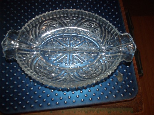 Divided Oval Pickle Olive Dish Pressed Glass Double Star Handled, Bumpy Edge 10"