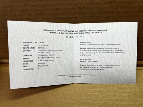 2016 P Cumberland Gap National Historical Park ATB 5 oz Silver COA & BOX 16AK - Picture 7 of 12