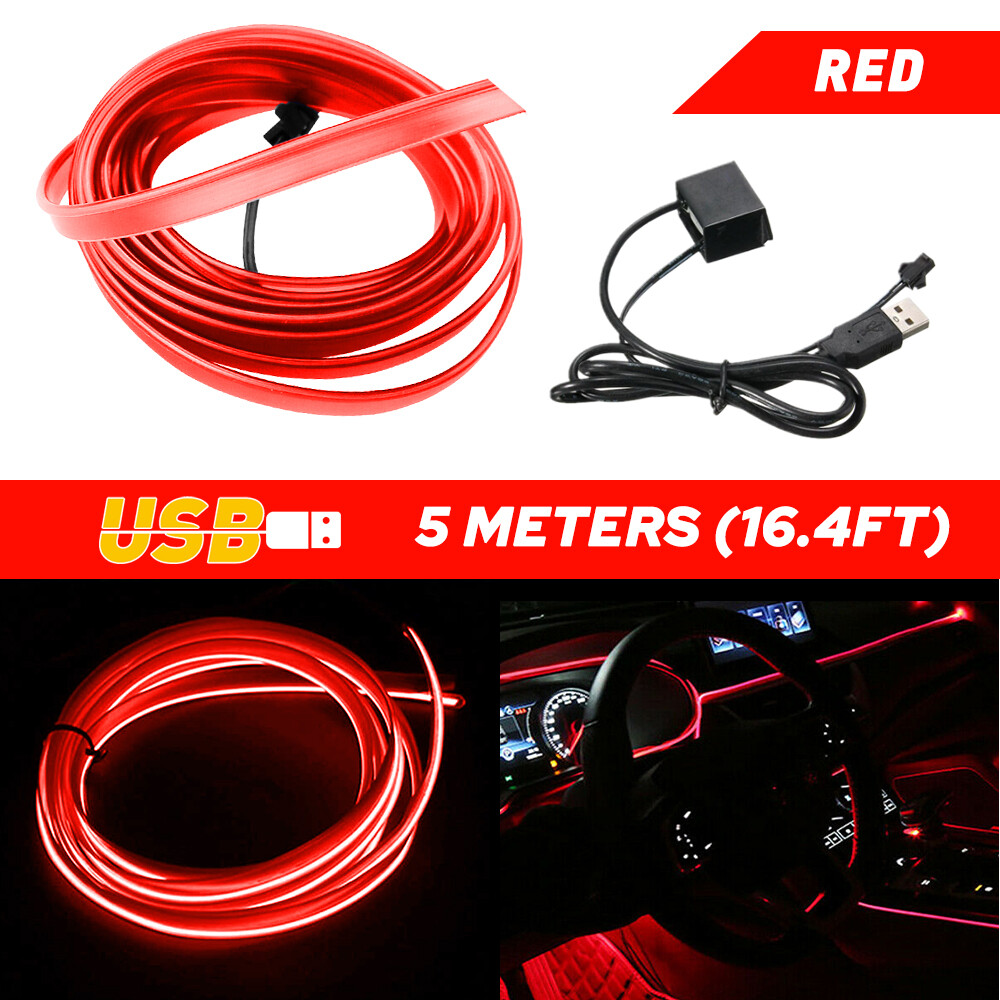 Red LED Car Interior DIY Atmosphere Wire Strip Light Decor Lamp Accessories 5m S