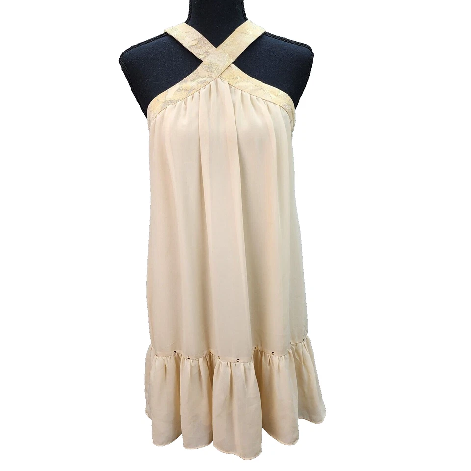 Sexy Mini Vestido Johnny Martin Sin Mangas Talla 7 Beige Dorado Frente Entrecruzado Noche Foto 2 de 4
