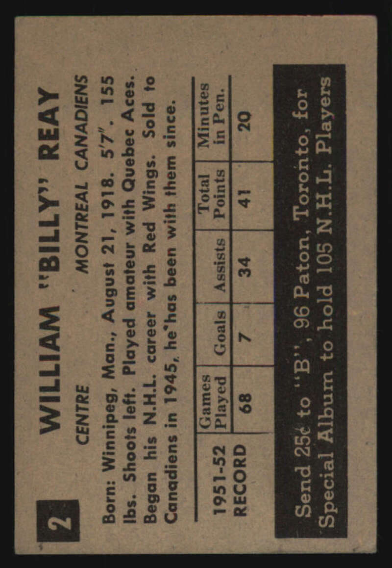 573248 1952-53 Parkhurst #2 Billy Reay POOR Canadiens 573248 | eBay