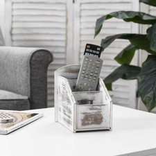 Whitewashed Wood Remote Control Holder Organizer Caddy with 3 Compartments