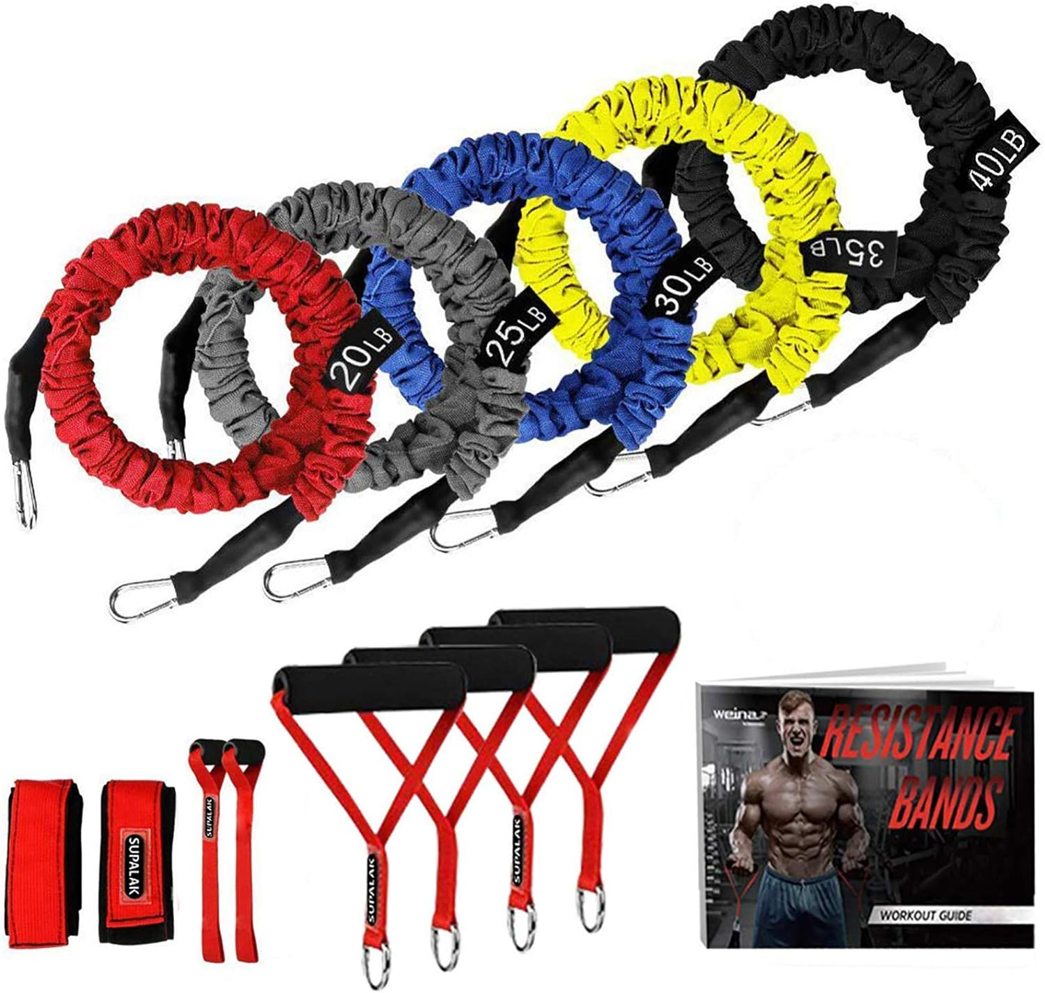 15-Piece Resistance Band Set with 5 Levels from 20Lbs to 40Lbs for Full-Body Workouts