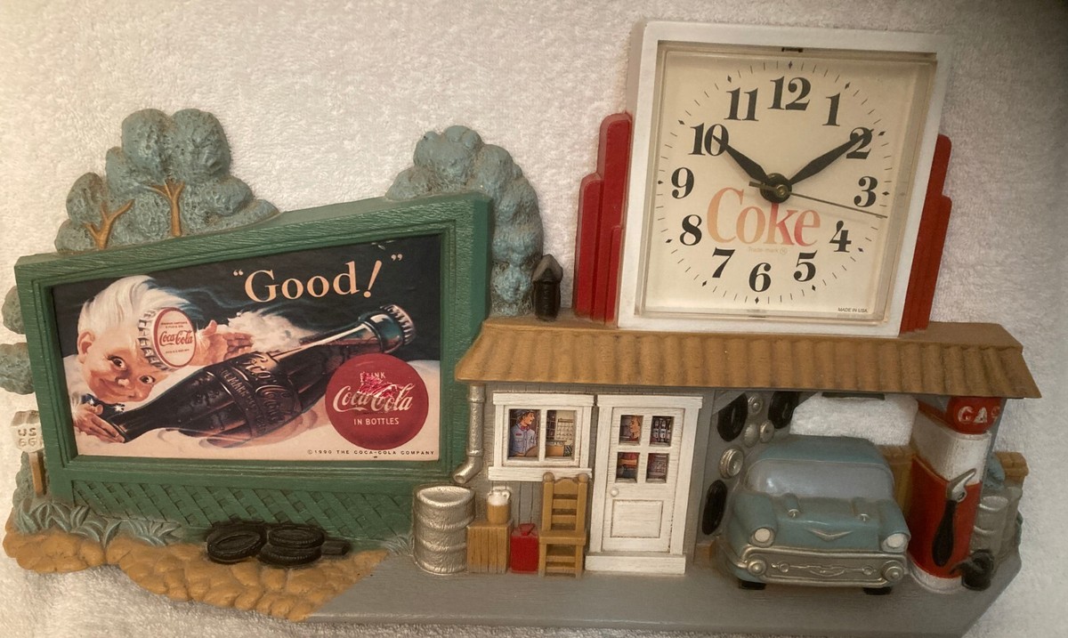 アメリカ製 Coca-Cola ビンテージ掛時計 ガソリンスタンド ルート66 Vintage 1990 COCA COLA CLOCK Route 66 Gas Station COKE Wall