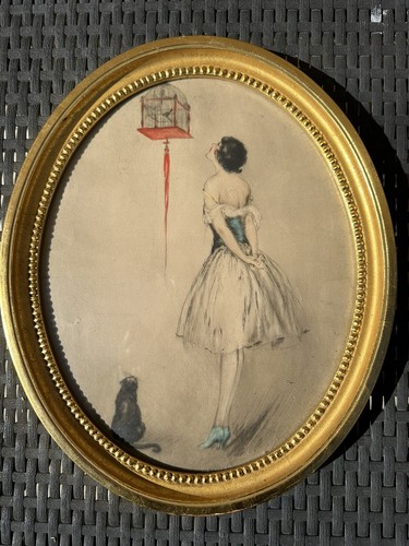 LOUIS ICART: WOMEN'S ART DECO ENGRAVING AND CAT CAGED BIRD. - Picture 3 of 4