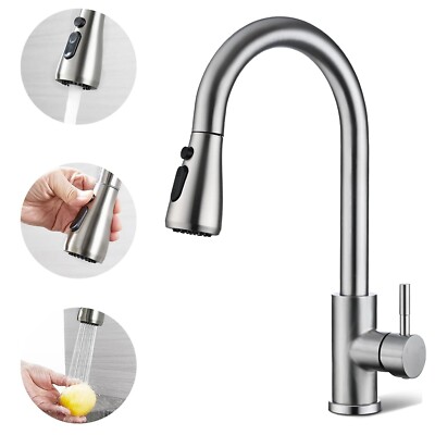 Brushed Nickel Kitchen Faucet Single Handle Pull Out Classic High Arc Sink Tap