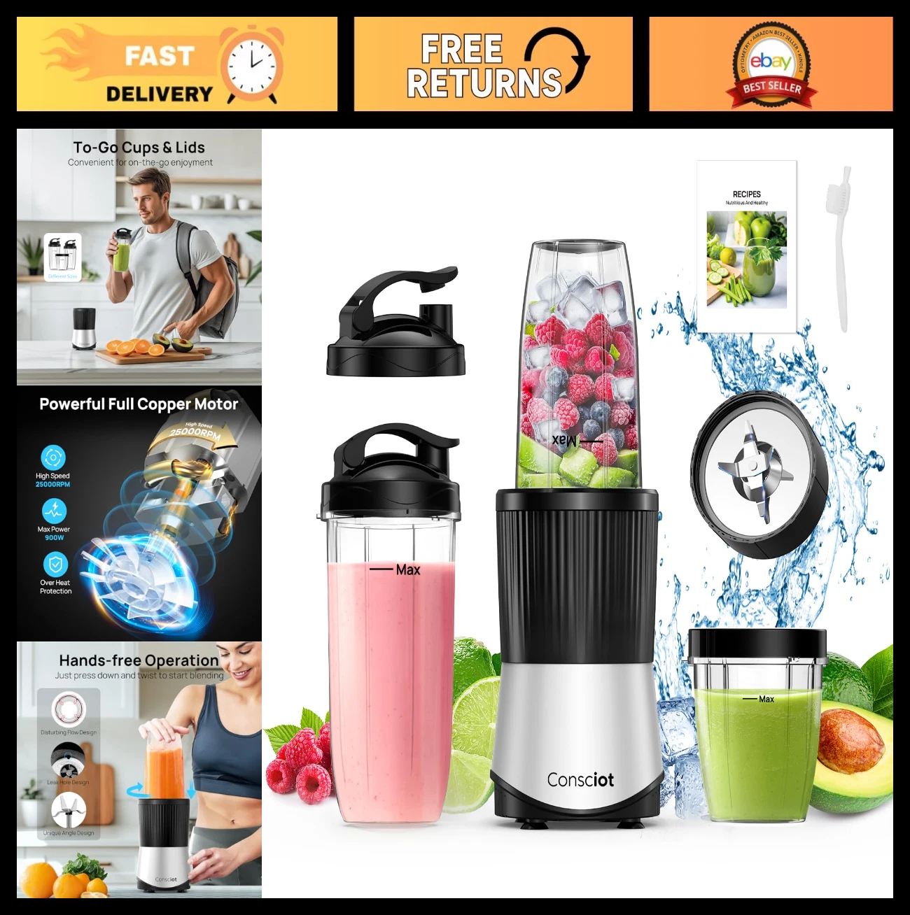 11-Piece Kitchen Blender Set - Smoothies, Shakes, Frozen Drinks, 3 To-Go Cups, 9