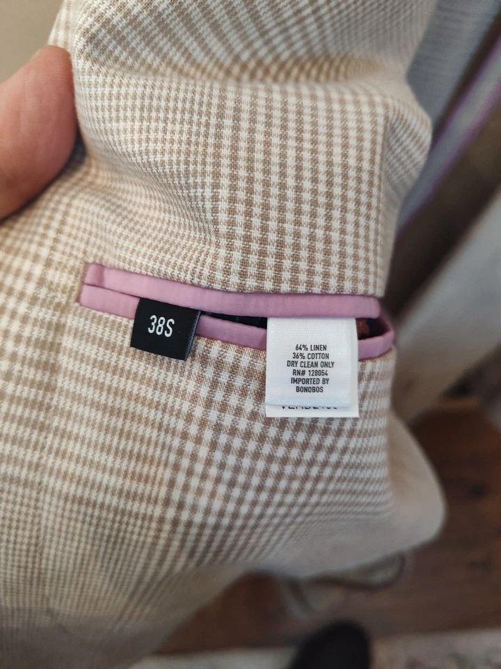 Bonobos Cotton Linen Blazer 38s White and Beige check Slim Fit - Image 2 of 4