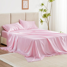 Satin Queen Sheets Set - 4 Piece Pink Silky Bed Sheets Set with Deep Pocket, Lux