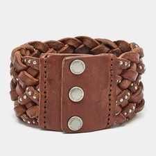 Saint Laurent Paris Brown Studded Braided Leather Wide Bracelet