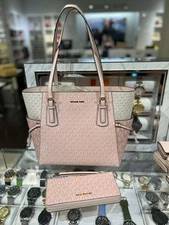 Michael Kors Voyager Large Logo Tote Bag+Continental Wallet Powder Blush Multi
