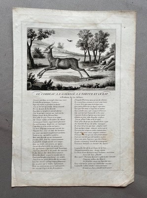Der Rabe, die Gazelle, (...) Fables de La Fontaine, alter Stich, 19. Jh.